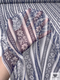 Vertical Striped and Floral Printed Silk Chiffon - Navy / Off-White