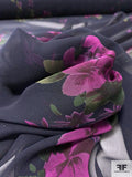 Romantic Floral Printed Silk Chiffon - Navy / Magenta / Green