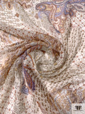 Paisley Regal Theme Printed Crinkled Silk Chiffon - Browns / Periwinkle / Navy / Ivory