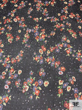 Small Floral and Dots Printed Crinkled Silk Chiffon - Burnt Orange / Dusty Periwinkle / Green / Black