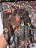 Small Floral and Dots Printed Crinkled Silk Chiffon - Burnt Orange / Dusty Periwinkle / Green / Black