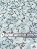 Delicate Hearts in Floral with French Script Printed Crinkled Silk Chiffon - Clearwater Blue / Black / Off-White