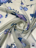 Stemmed Floral Printed Silk Chiffon - Light Sage / Purples / Blue