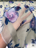 Stemmed Floral Printed Silk Chiffon - Light Sage / Purples / Blue