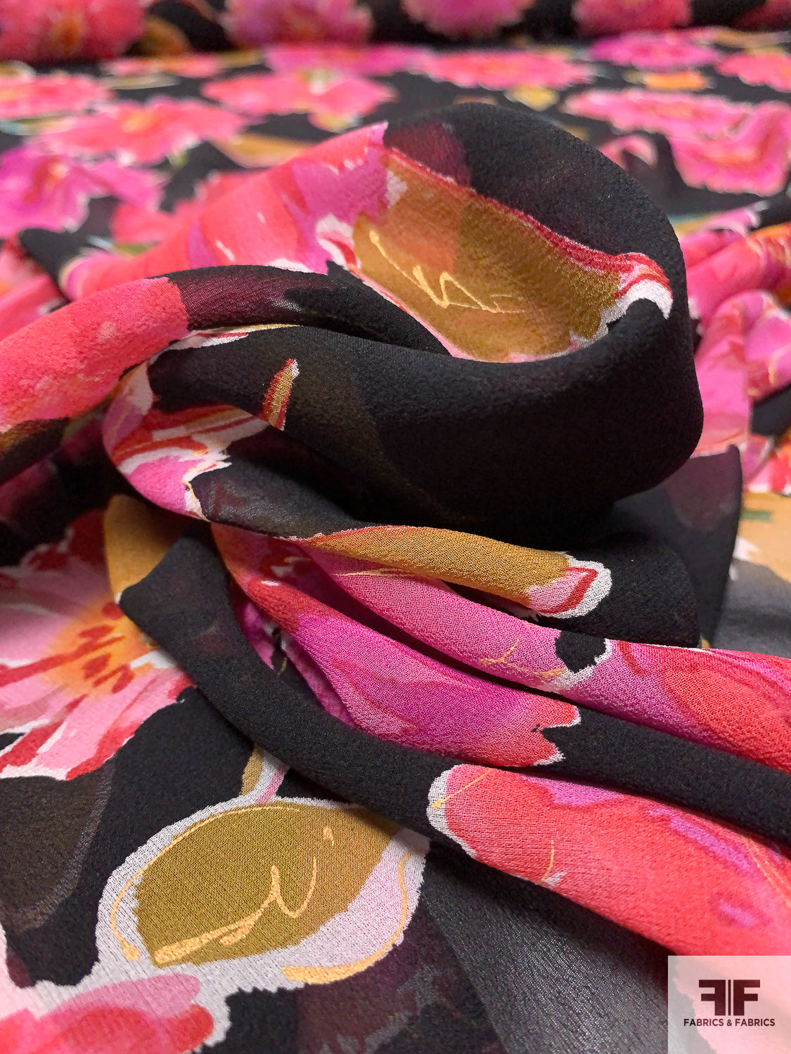Floral Printed Silk Chiffon - Black / Fuchsia / Autumn Olives / Orange