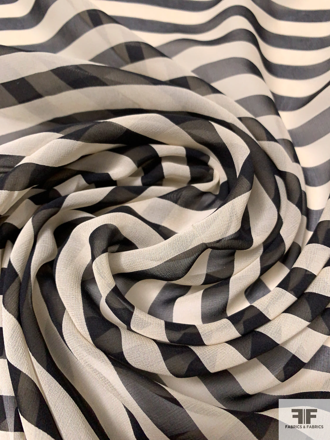 Horizontal Striped Printed Silk Chiffon - Black / Light Beige