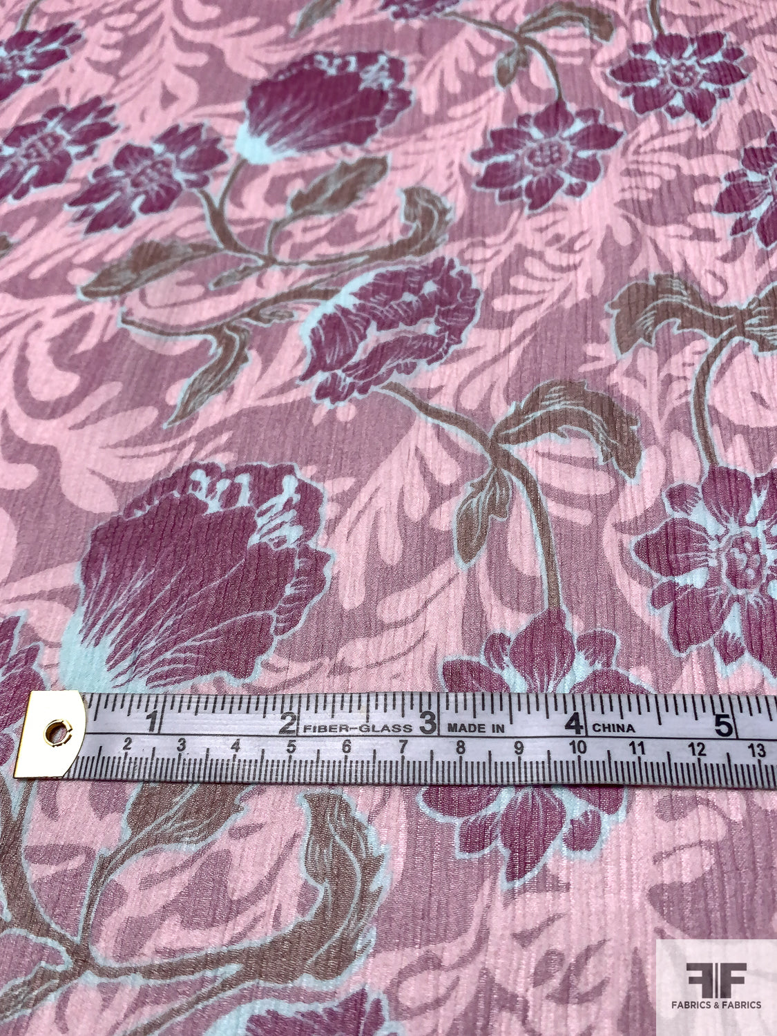Floral Printed Crinkled Silk Chiffon - Shades of Purple / Aqua Blue / Brown