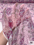 Floral Printed Crinkled Silk Chiffon - Shades of Purple / Aqua Blue / Brown