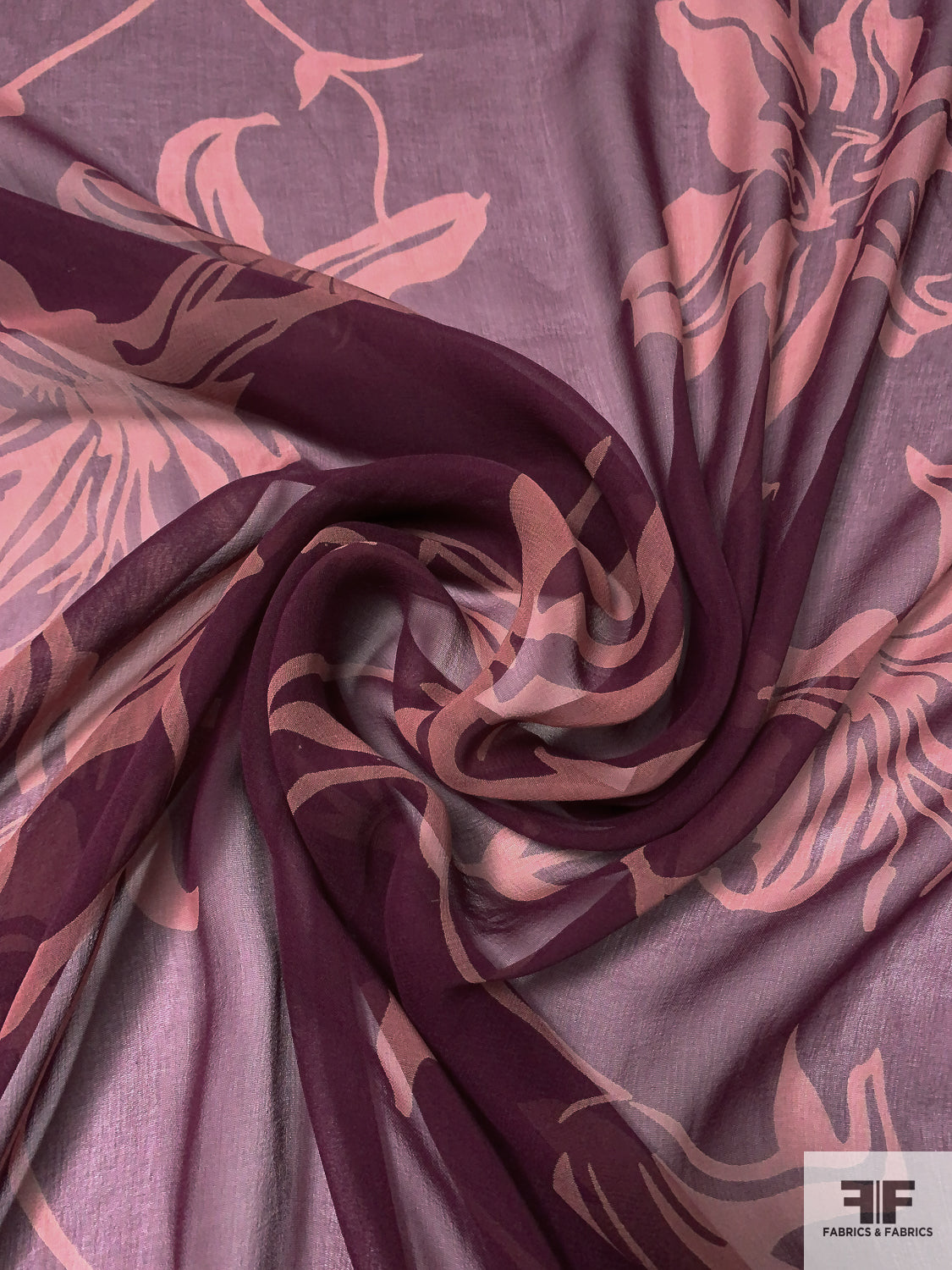 Floral Silhouette Printed Silk Chiffon - Grape Purple / Dusty Mauve