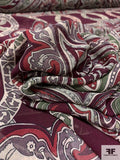 Paisley Ringed Frames Printed Silk Chiffon - Grape Purple / Sage Greens / Dusty Rouge