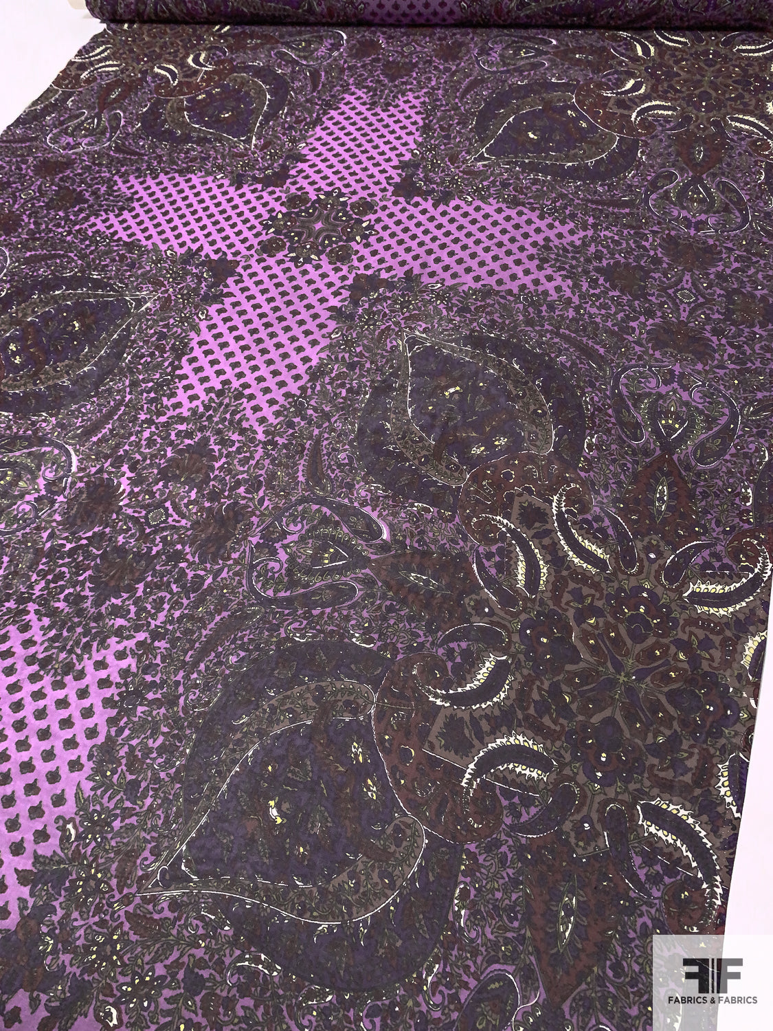 Cross and Paisley Printed Silk Chiffon - Purples / Orchid / Browns / Greens
