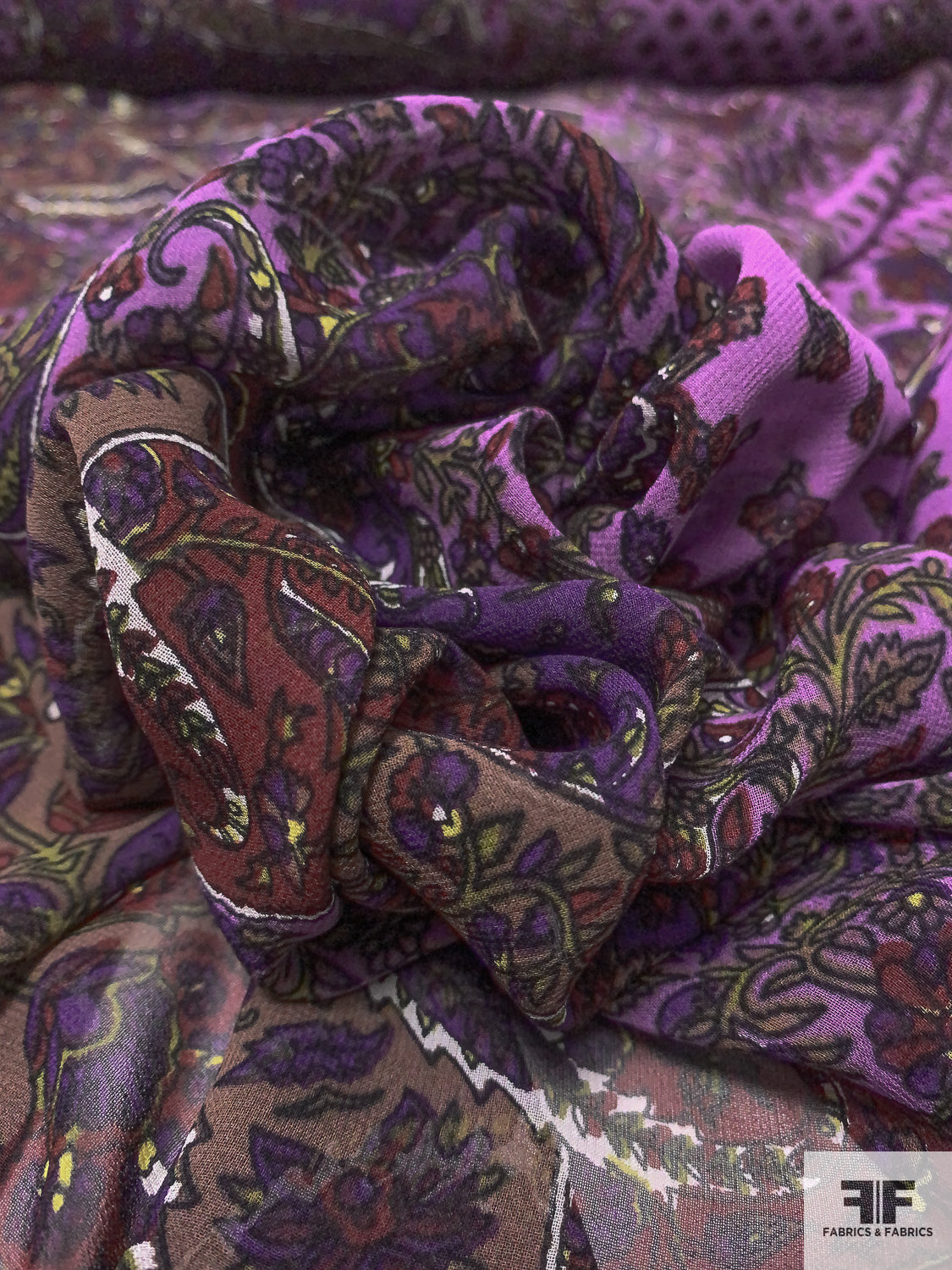 Cross and Paisley Printed Silk Chiffon - Purples / Orchid / Browns / Greens