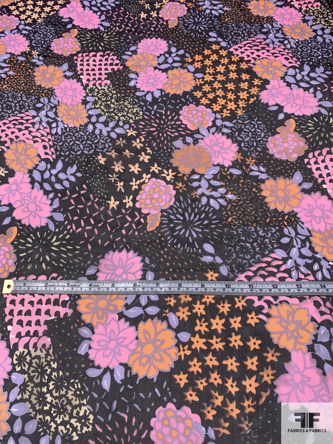Floral Groovy Collage Printed Silk Chiffon - Pink / Light Purple / Orange / Black