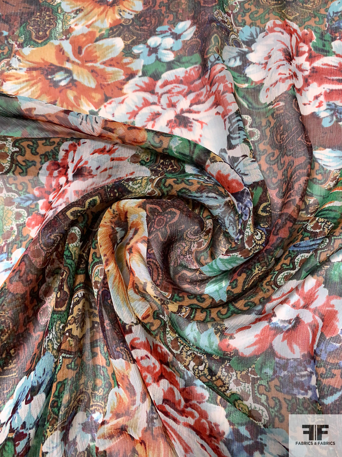 Floral and Paisley Printed Crinkled Silk Chiffon - Multicolor