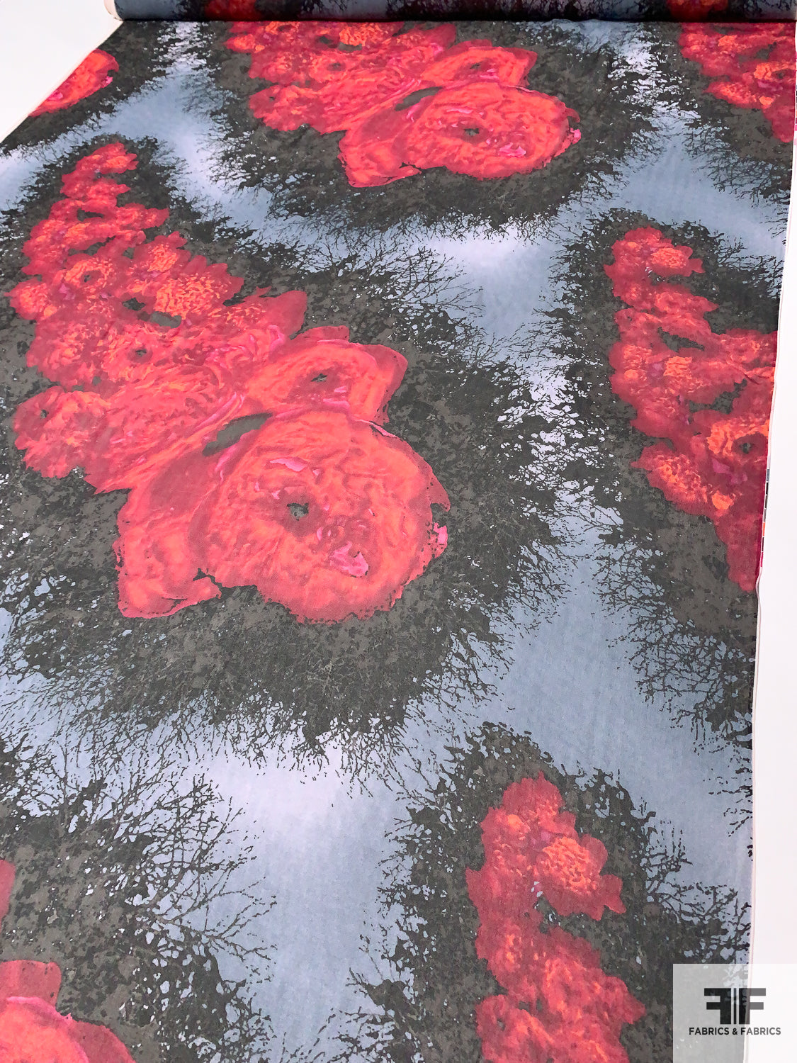 Bursting Exotic Floral Printed Silk Chiffon - Red / Black / Grey