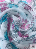 Floral Printed Crinkled Silk Chiffon - Sky Blue / Aqua Blue / Orchid Pink