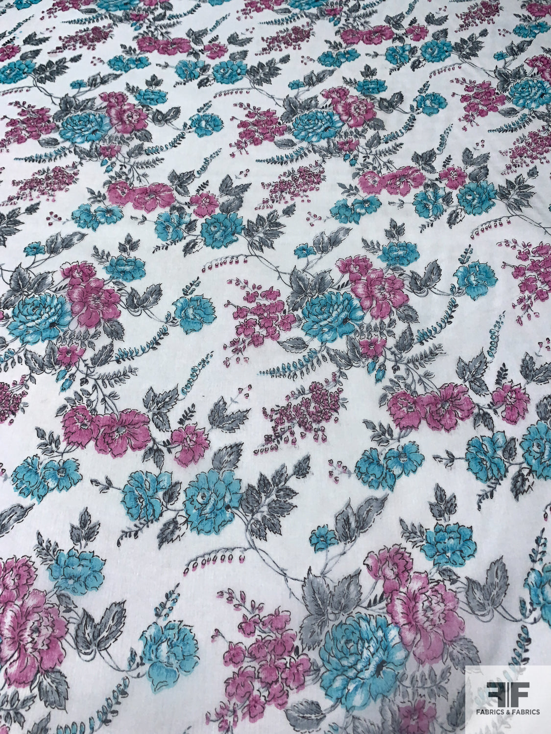 Floral Printed Crinkled Silk Chiffon - Sky Blue / Aqua Blue / Orchid Pink
