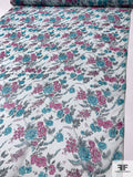 Floral Printed Crinkled Silk Chiffon - Sky Blue / Aqua Blue / Orchid Pink