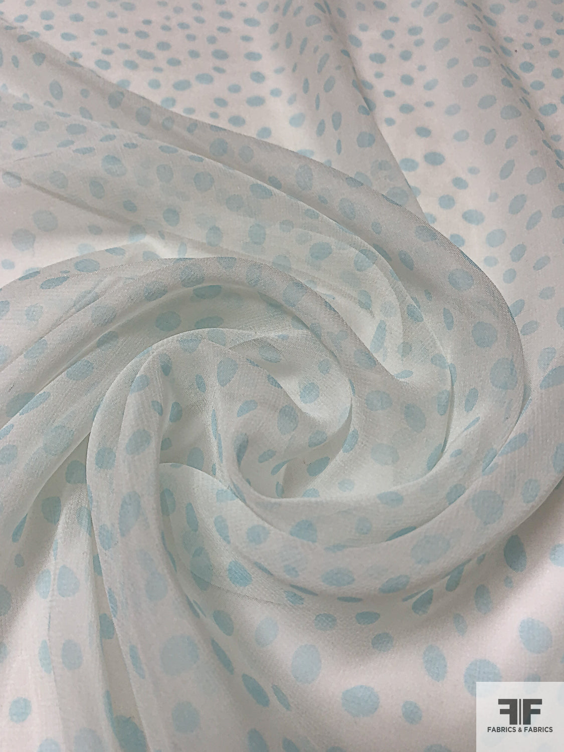 Morphed Polka Dot Printed Silk Chiffon - Light Ivory / Sky Blue