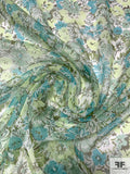 Floral Printed Crinkled Silk Chiffon - Shades of Greens / Off-White