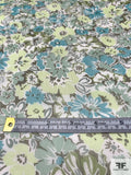 Floral Printed Crinkled Silk Chiffon - Shades of Greens / Off-White