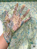 Floral Printed Crinkled Silk Chiffon - Shades of Greens / Off-White