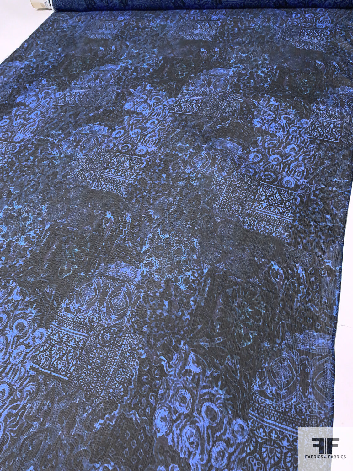 Collage Printed Crinkled Silk Chiffon - Blue / Black