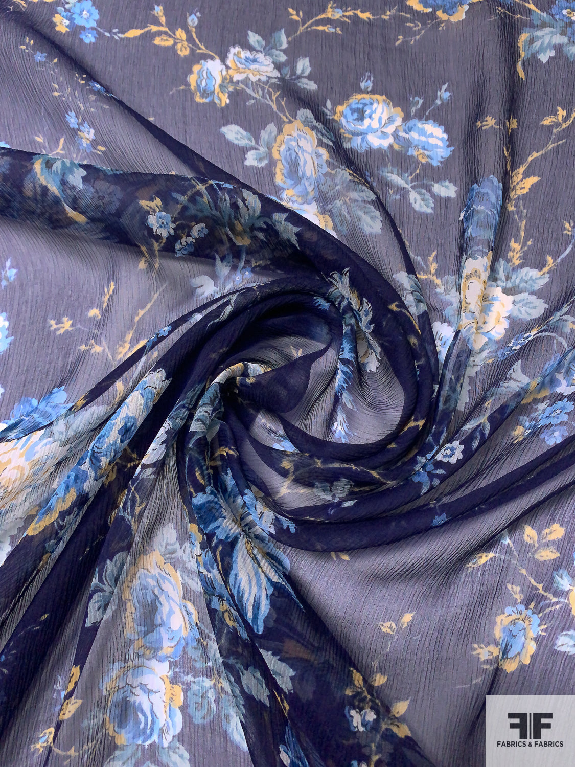 Romantic Floral Printed Crinkled Silk Chiffon - Navy / Blue / Amber Yellow / White