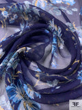 Romantic Floral Printed Crinkled Silk Chiffon - Navy / Blue / Amber Yellow / White