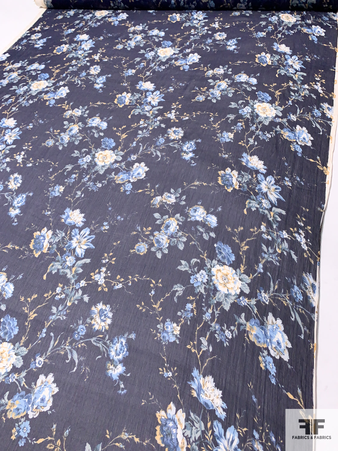 Romantic Floral Printed Crinkled Silk Chiffon - Navy/Blue/Amber