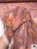 Romantic Floral Printed Silk Chiffon - Dusty Rose / Olive Greens / Nude Yellow