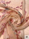 Exotic Floral Printed Silk Chiffon - Nude Pastel Orange / Smokey Rouge / Dusty Blue