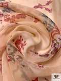 Exotic Floral Printed Silk Chiffon - Nude Pastel Orange / Smokey Rouge / Dusty Blue