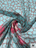 Floral Printed Crinkled Silk Chiffon - Turquoise / Brown / Berry Pink / Blush