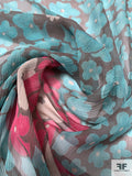 Floral Printed Crinkled Silk Chiffon - Turquoise / Brown / Berry Pink / Blush