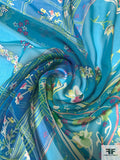 Frames and Floral Printed Silk Chiffon - Teal / Soft Yellow / Green / Magenta