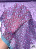 Ditsy Leaf Vine Clusters Printed Silk Chiffon - Clear Blue / Magenta