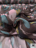 Abstract Printed Silk Chiffon - Brown / Black / Dusty Teal / Dusty Lavender
