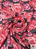 Floral Printed Silk Chiffon - Magenta / Light Pink / Black