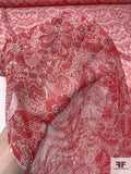 Floral Sketch Printed Crinkled Silk Chiffon - Red / White