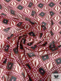 Geometric Theme Printed Crinkled Silk Chiffon - Maroon / Berry / Navy / Off-White