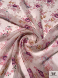Floral Silhouette Bouquets Printed Silk Chiffon - Shades of Pink / Periwinkle / Light Ivory