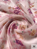 Floral Silhouette Bouquets Printed Silk Chiffon - Shades of Pink / Periwinkle / Light Ivory