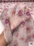 Floral Silhouette Bouquets Printed Silk Chiffon - Shades of Pink / Periwinkle / Light Ivory