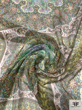 Ornate Frames Printed Silk Chiffon - Shades of Green / Pink / Turquoise