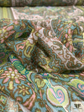 Ornate Frames Printed Silk Chiffon - Shades of Green / Pink / Turquoise