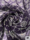 Circular Link Grid Printed Crinkled Silk Chiffon - Purple / Grey / Marigold