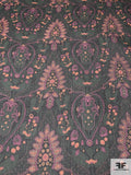 Ornate Leaf Printed Crinkled Silk Chiffon - Army Green / Orange / Pink-Berry