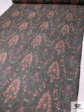 Ornate Leaf Printed Crinkled Silk Chiffon - Army Green / Orange / Pink-Berry