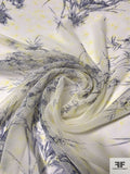 Floral Line-Drawing Printed Silk Chiffon - Navy / Yellow / Light Ivory